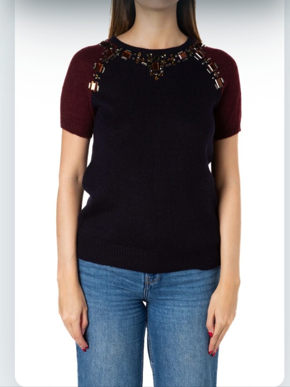 J. Crew Jeweled Short-Sleeve Knit Sweater in Blue and Burgundy Size S In EUC